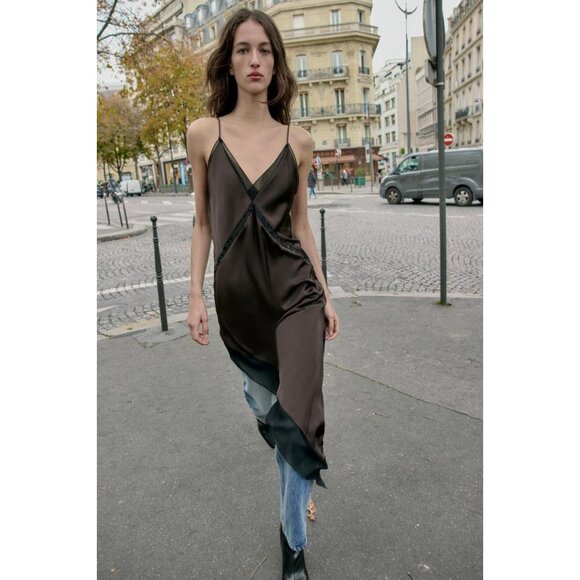 ZARA ASYMMETRIC SATIN EFFECT MIDI DRESS - Picture 2 of 8